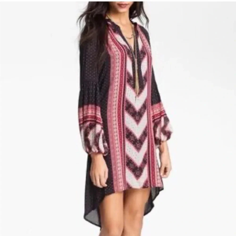 Free People - Printed Voile Peacemaker boho dress long sleeves - high low - sm